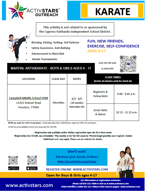 Information on activstars out reach karate classes .